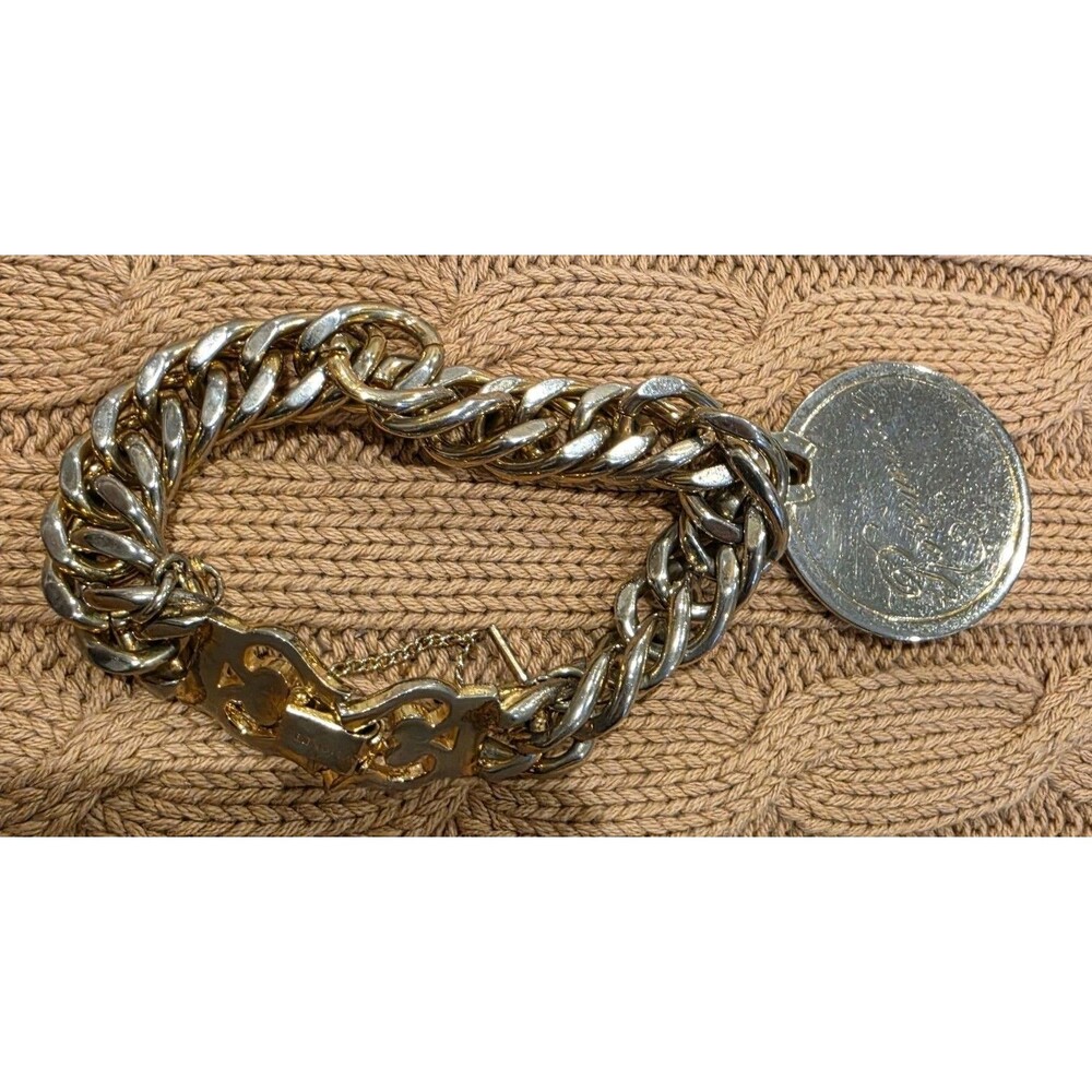 Vintage Monet Two-Tone Chunky Curb Chain Bracelet Rosemarie Disc Pendant Signed
